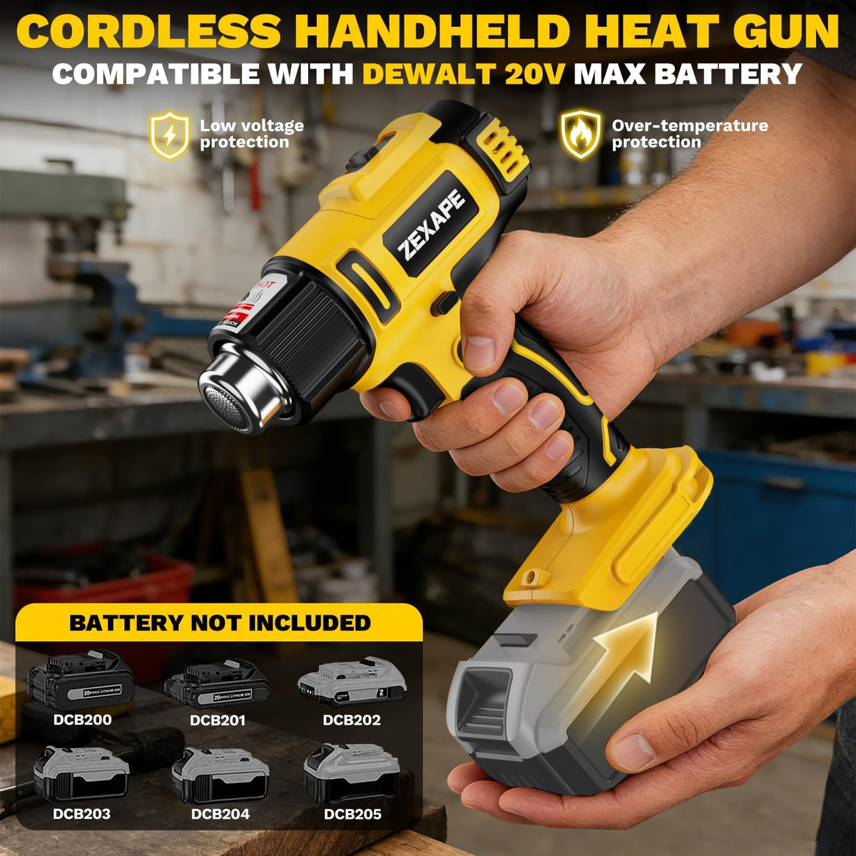 Pistola de calor inalámbrica compatible con batería Dewalt de 20 V, pistola de soldadura de calentamiento rápido de 350 W con luz LED, temperatura variable de 122 ℉ a 1022 ℉ con 5 boquillas