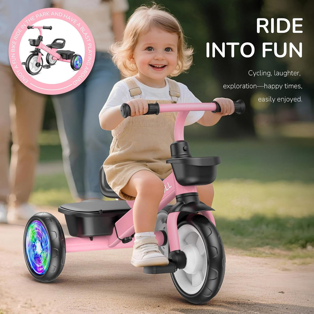 Umatoll Triciclo para niños pequeños de 2 a 5 años, bicicleta ajustable para niños pequeños, juguetes al aire libre, regalo de cumpleaños para niñas de 2 a 4 años, triciclo con ruedas iluminadas