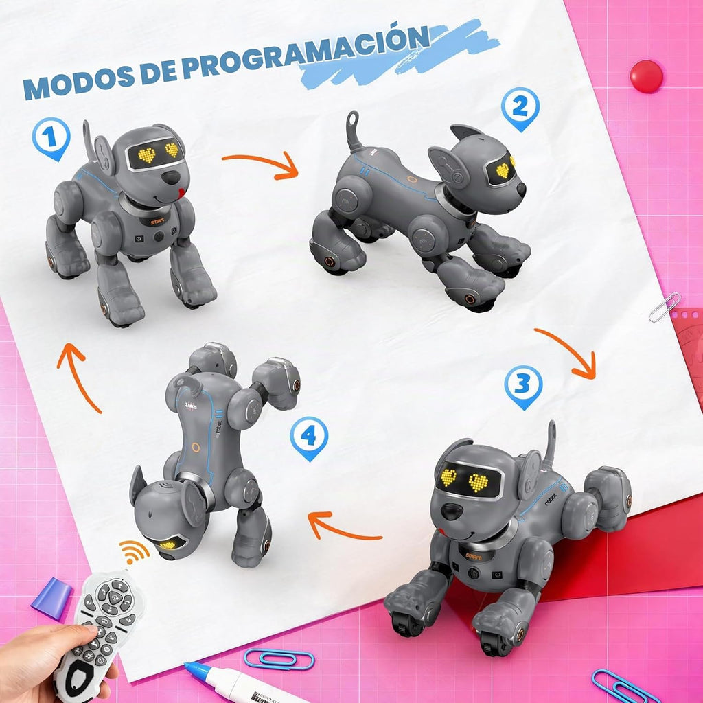 PRANITE Perro robot, juguete programable para perros con control remoto para niños con seguimiento de una tecla, control de voz, tacto, baile, canto, juguete inteligente para cachorros de acrobacias RC regalo para niños y niñas (gris)