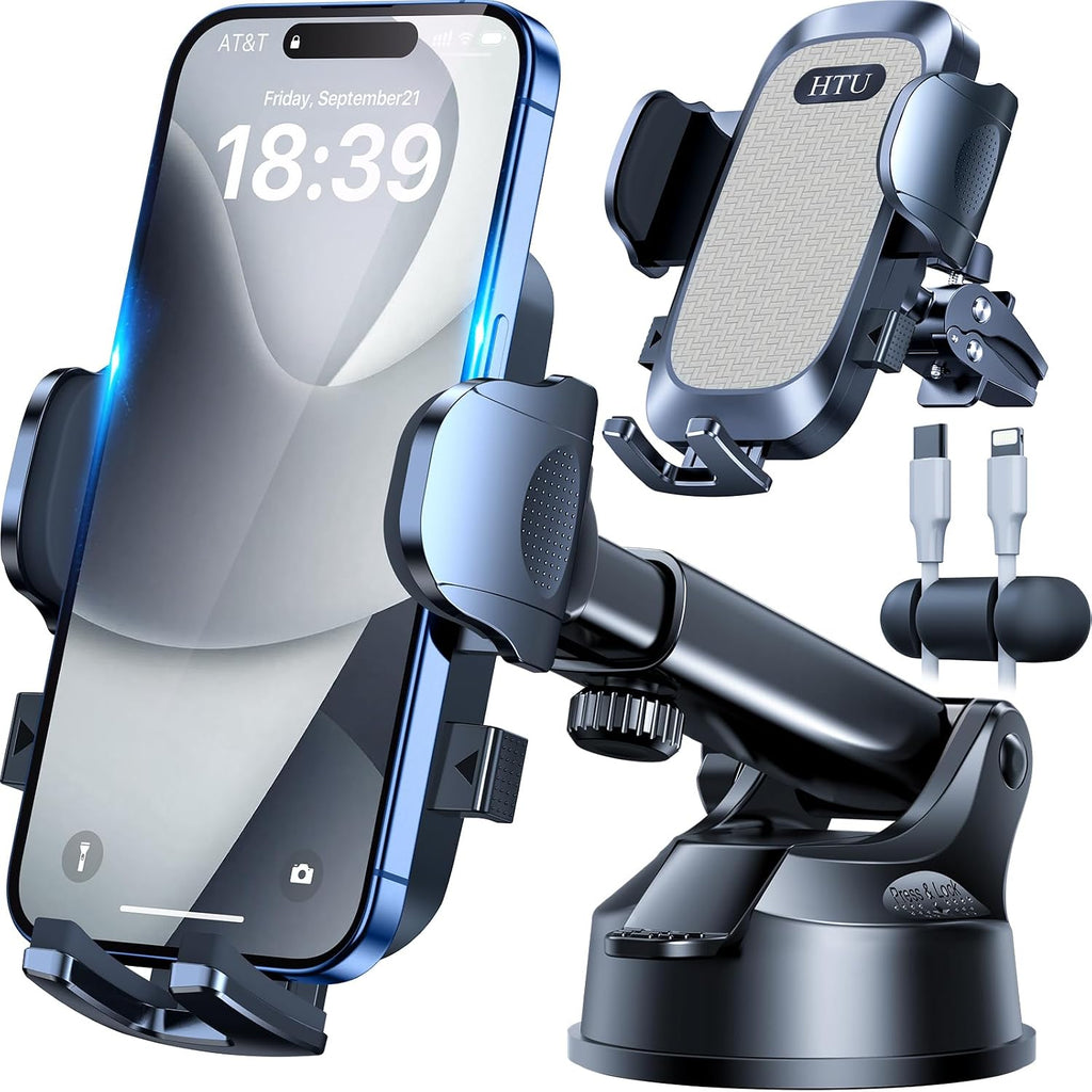 Soporte de teléfono celular para automóvil, [potente ventosa], soporte de teléfono de automóvil para salpicadero, parabrisas, ventilación de aire, brazo largo, soporte para teléfono celular, soporte para automóvil, funda gruesa compatible con teléfonos