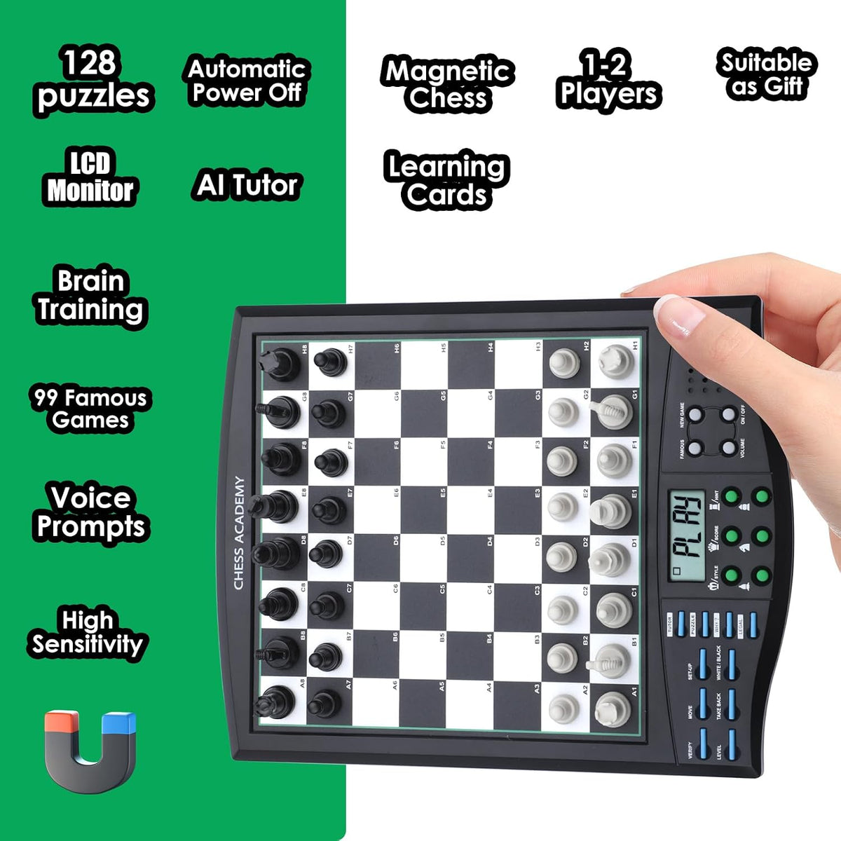 Tablero de ajedrez electrónico Talking Chess Academy, tablero de ajedrez inteligente con sistema de enseñanza de voz, juego de ajedrez para computadora con piezas magnéticas fuertes, 1-2 jugadores, juego de ajedrez electrónico - Viaje portátil simple