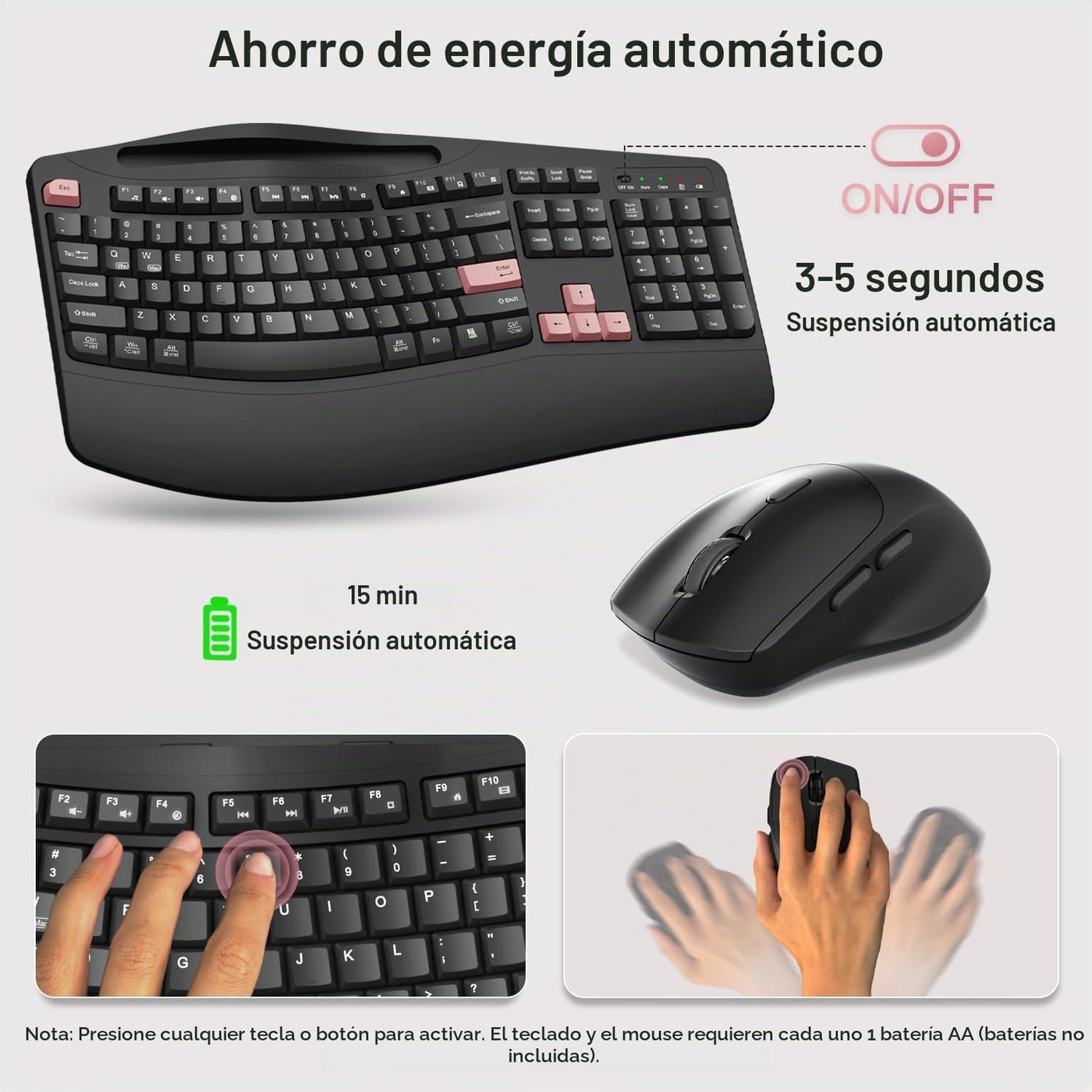Combo de teclado y mouse inalámbricos, teclas onduladas de tamaño c...