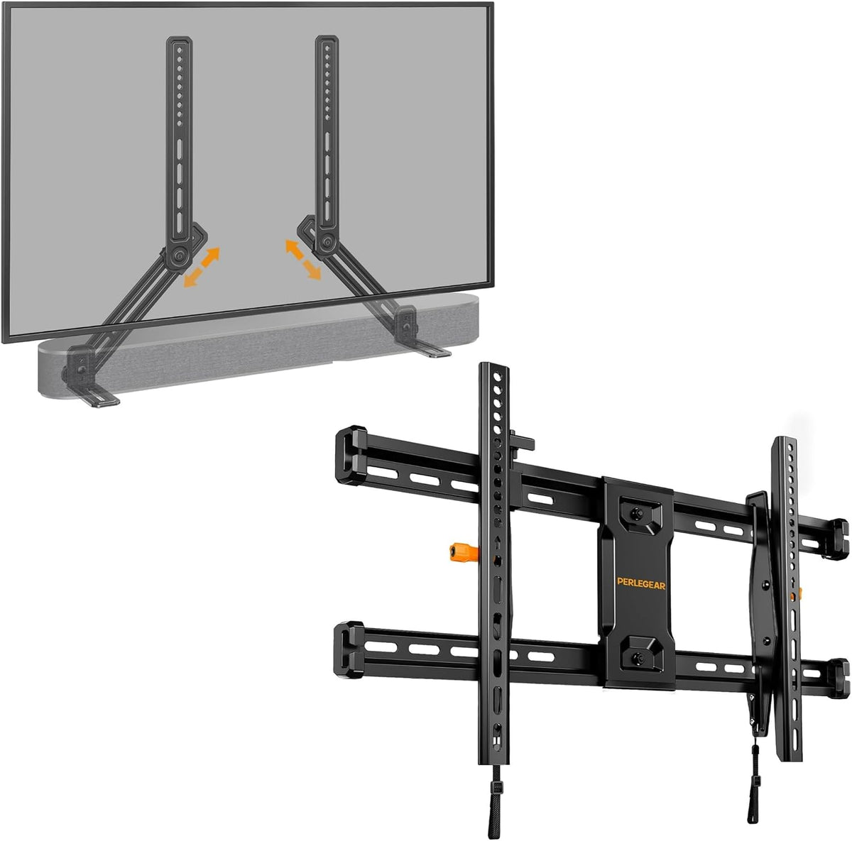 Perlegear Soporte de barra de sonido con altura ajustable de hasta 15 libras PGSM04B, soporte de pared de TV inclinable para televisores de 42 a 90 pulgadas con ajuste de nivelación de hasta 132