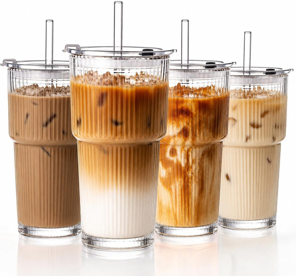 Tazas de café helado de 20 onzas con tapas, tazas de vidrio acanalado con tapas y pajitas
