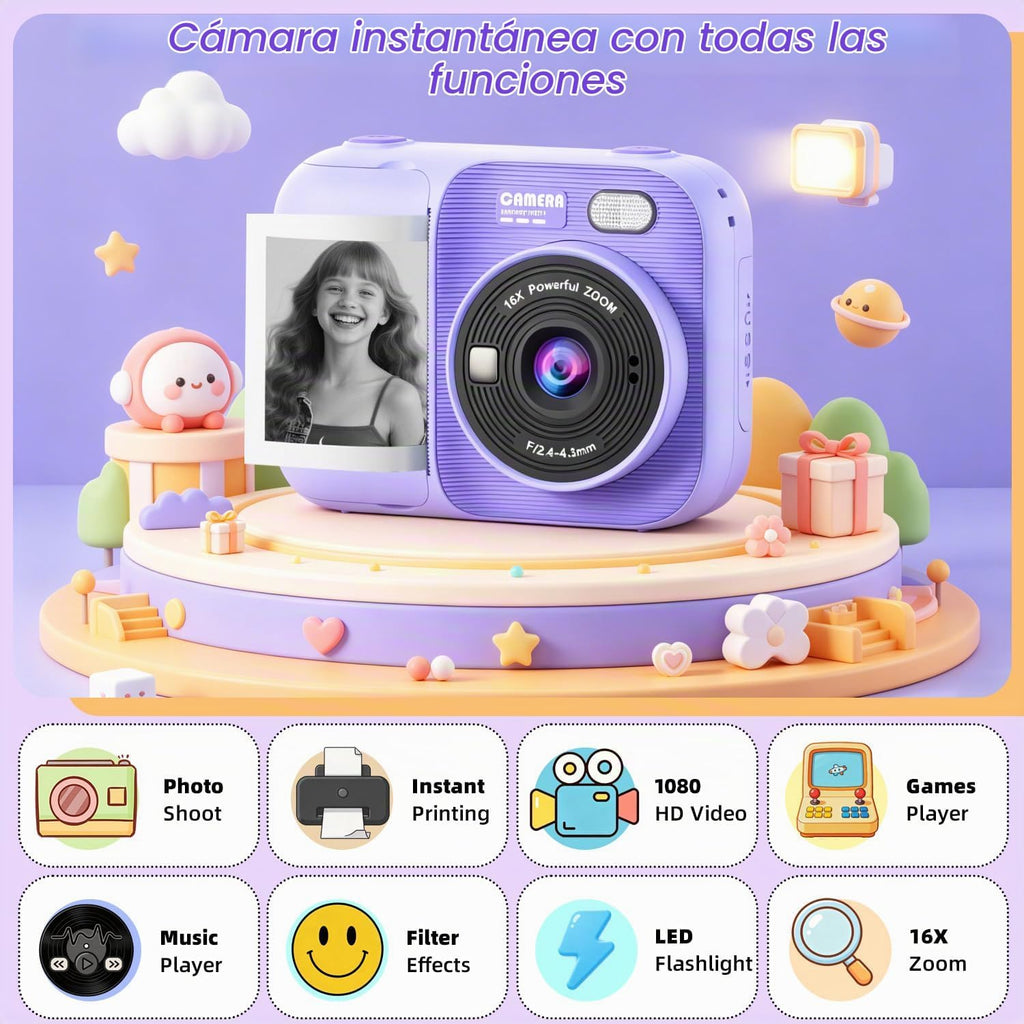 Cámara de impresión instantánea para niños con 5 rollos de papel de impresión, cámara HD 1080P, cámara portátil recargable para selfies, regalos de cumpleaños de Navidad, juguetes para niños y niñas