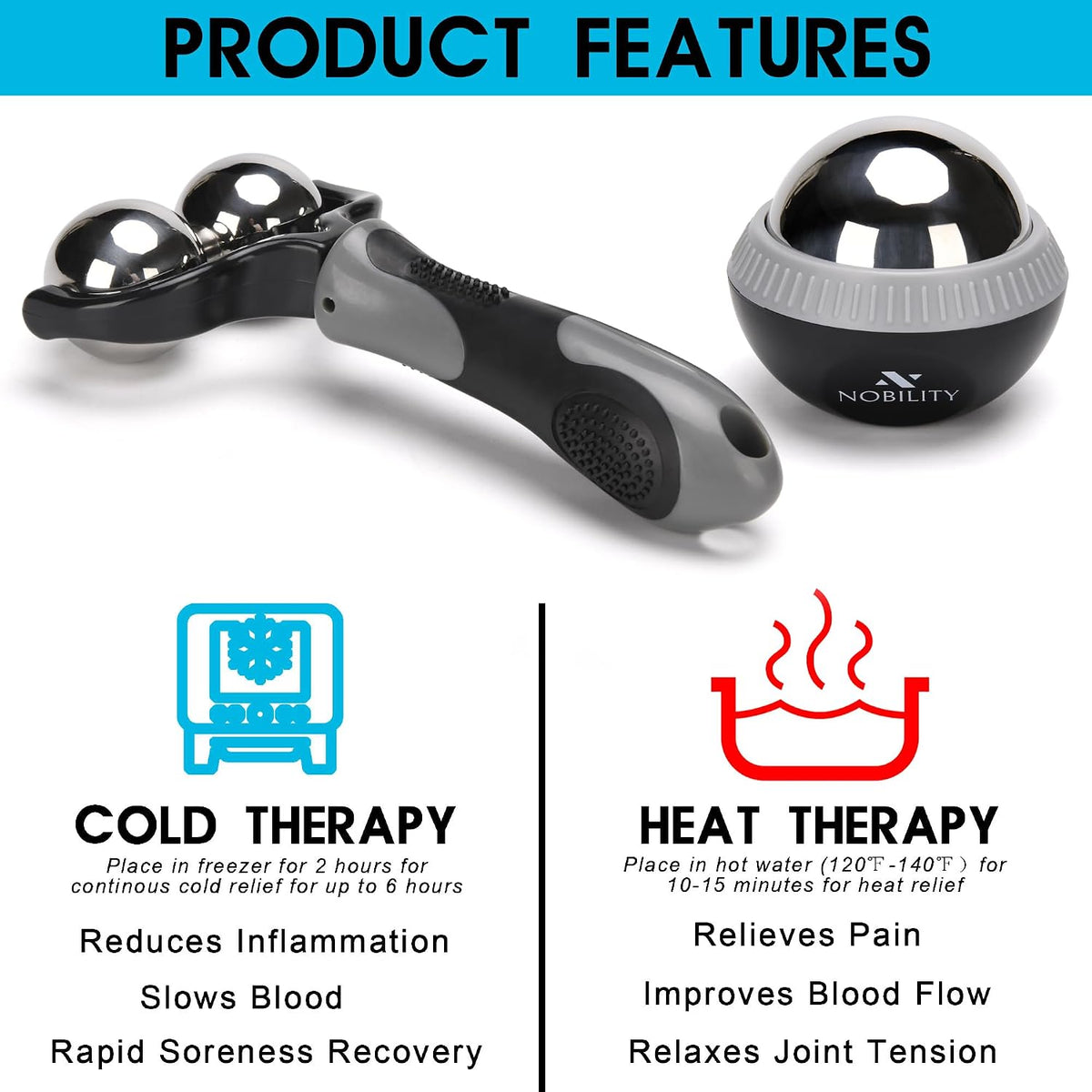 Nobility Rodillo de bola de masaje: hielo frío y caliente para el tejido profundo y el dolor muscular para aliviar la rigidez y el estrés, cuerpo, cuello, espalda, pie, gris doble plantar