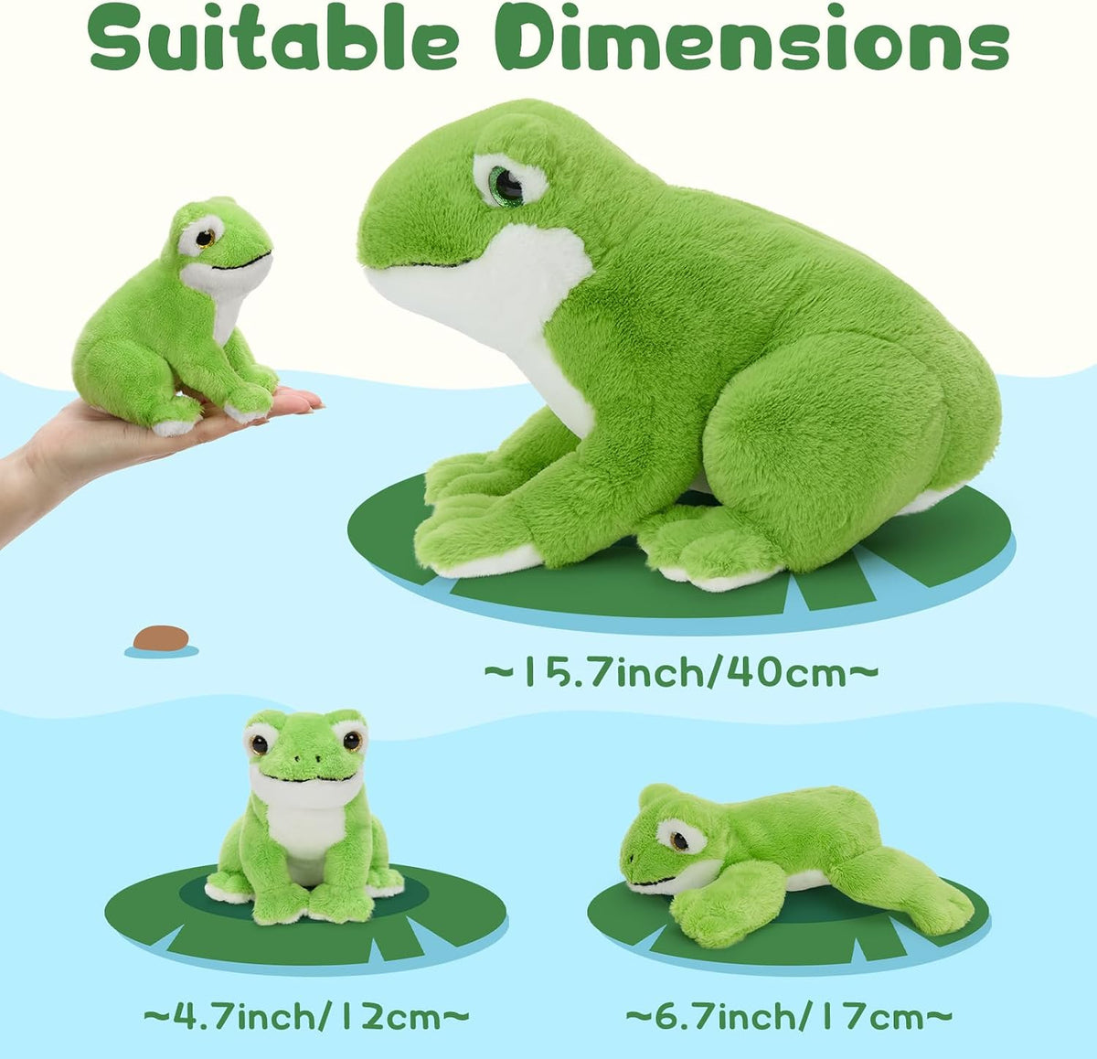 MorisMos Animal de peluche de rana verde de 15.7 pulgadas con 3 bebés, juego familiar de felpa de rana de peluche suave, lindo juguete de rana para juego imaginativo y acurrucarse a la hora de dormir