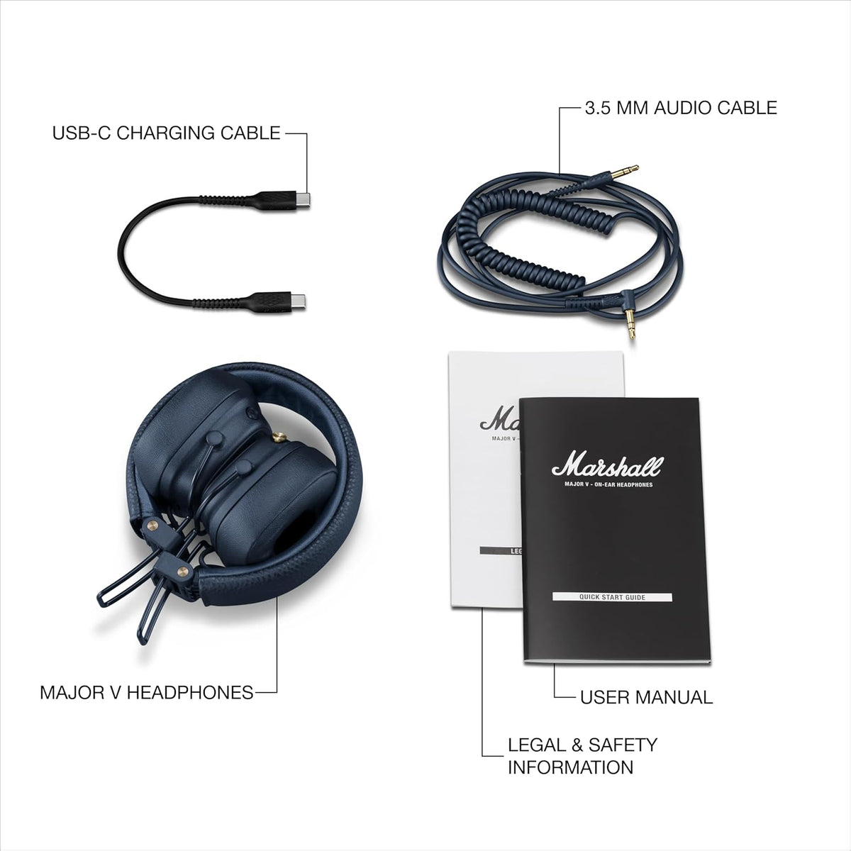 Marshall Major V Auriculares inalámbricos Bluetooth en la oreja - Azul medianoche, Tamaño único