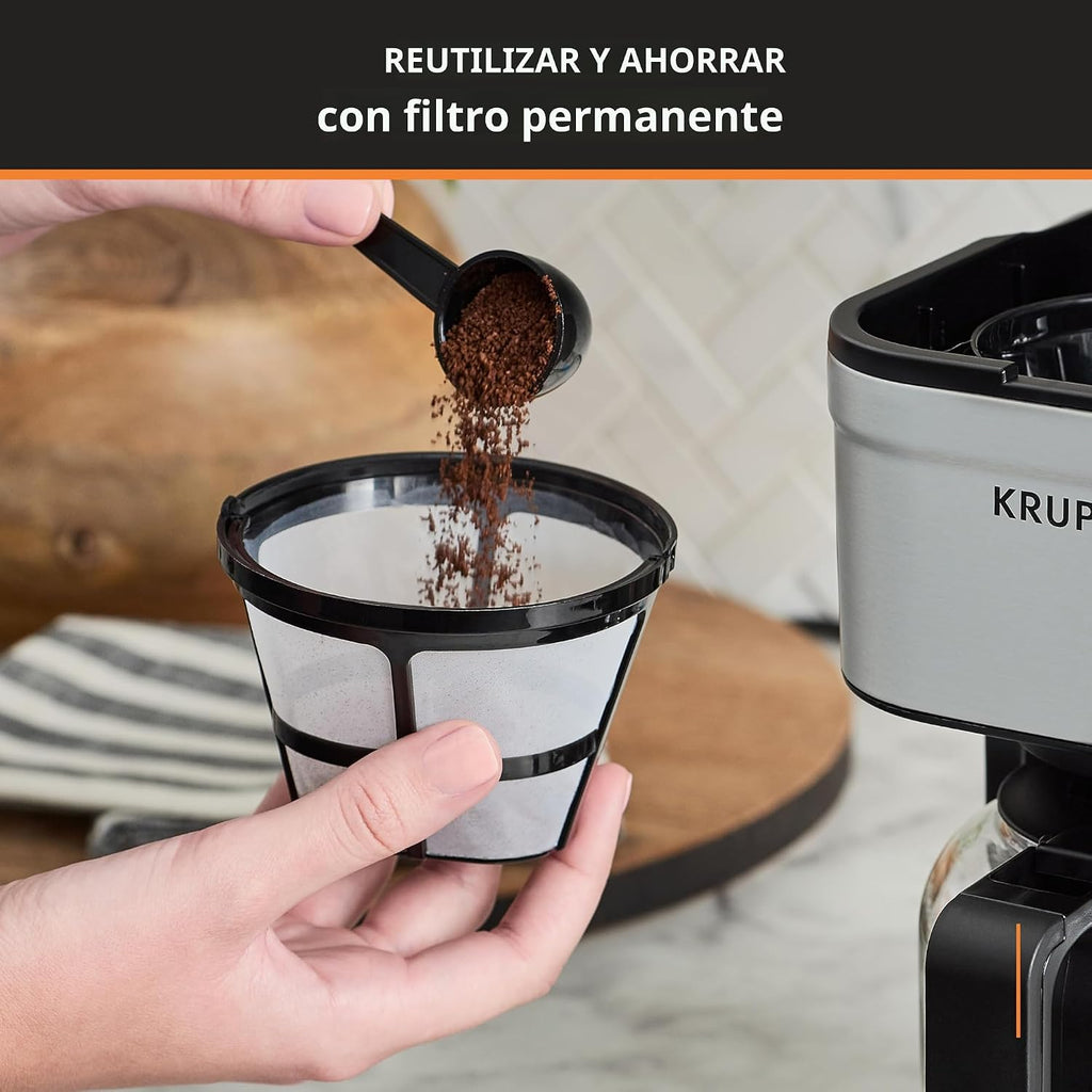 KRUPS Simply Brew Compact Cafetera de 5 Tazas: Diseño en Acero Inoxidable, Pause & Brew, Mantiene Caliente, Filtro Reutilizable, Jarra Antigoteo