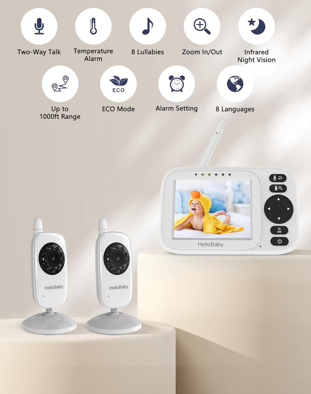 HelloBaby Monitor de bebé con 2 cámaras, pantalla de 3.2 pulgadas,...