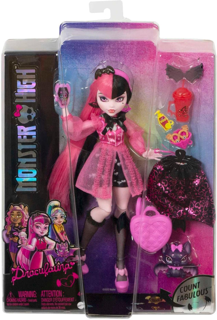 Muñeca Monster High, Draculaura con cabello rosa y negro en look ca...