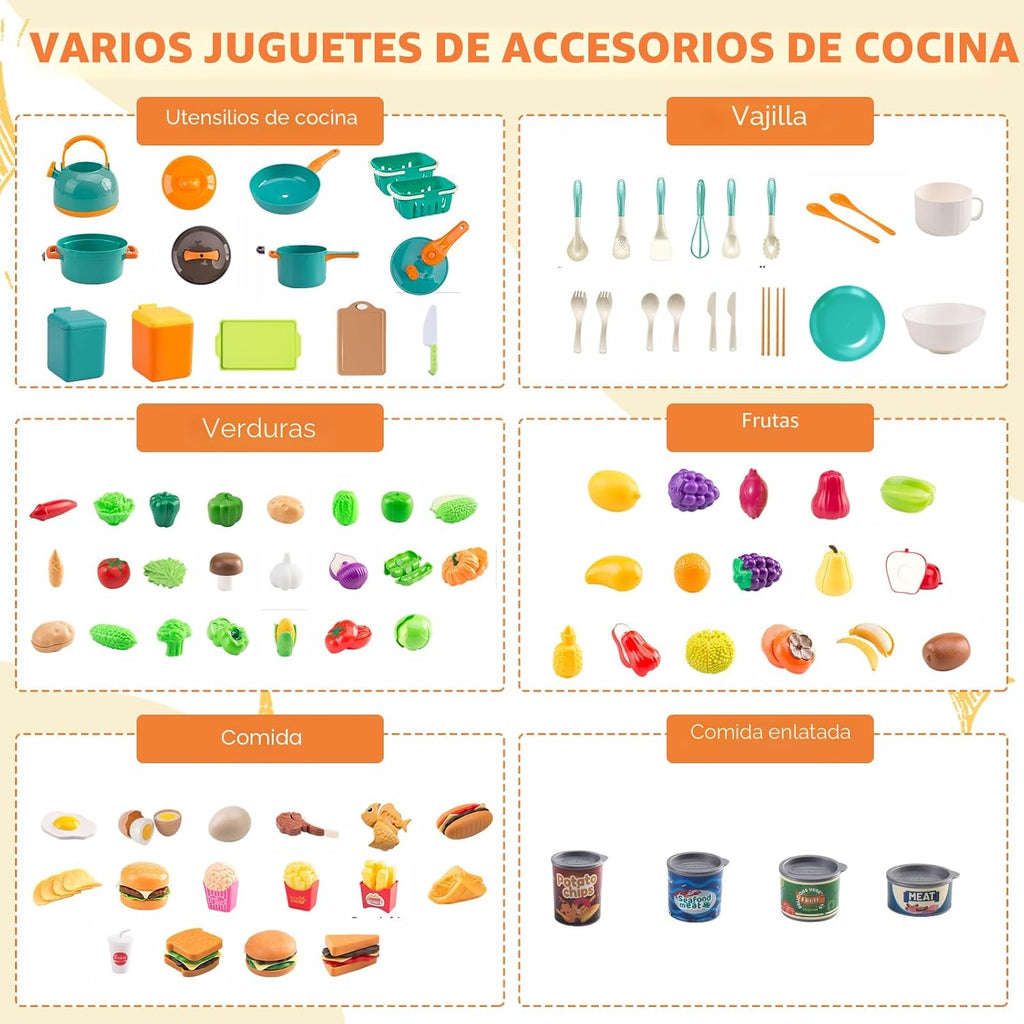 Mini accesorios de cocina de 200 piezas para niños a partir de 3 años, juego de cocina de simulación con utensilios de cocina, vajilla y 2 juegos de frutas, regalo de aprendizaje para niñas y niños, verde