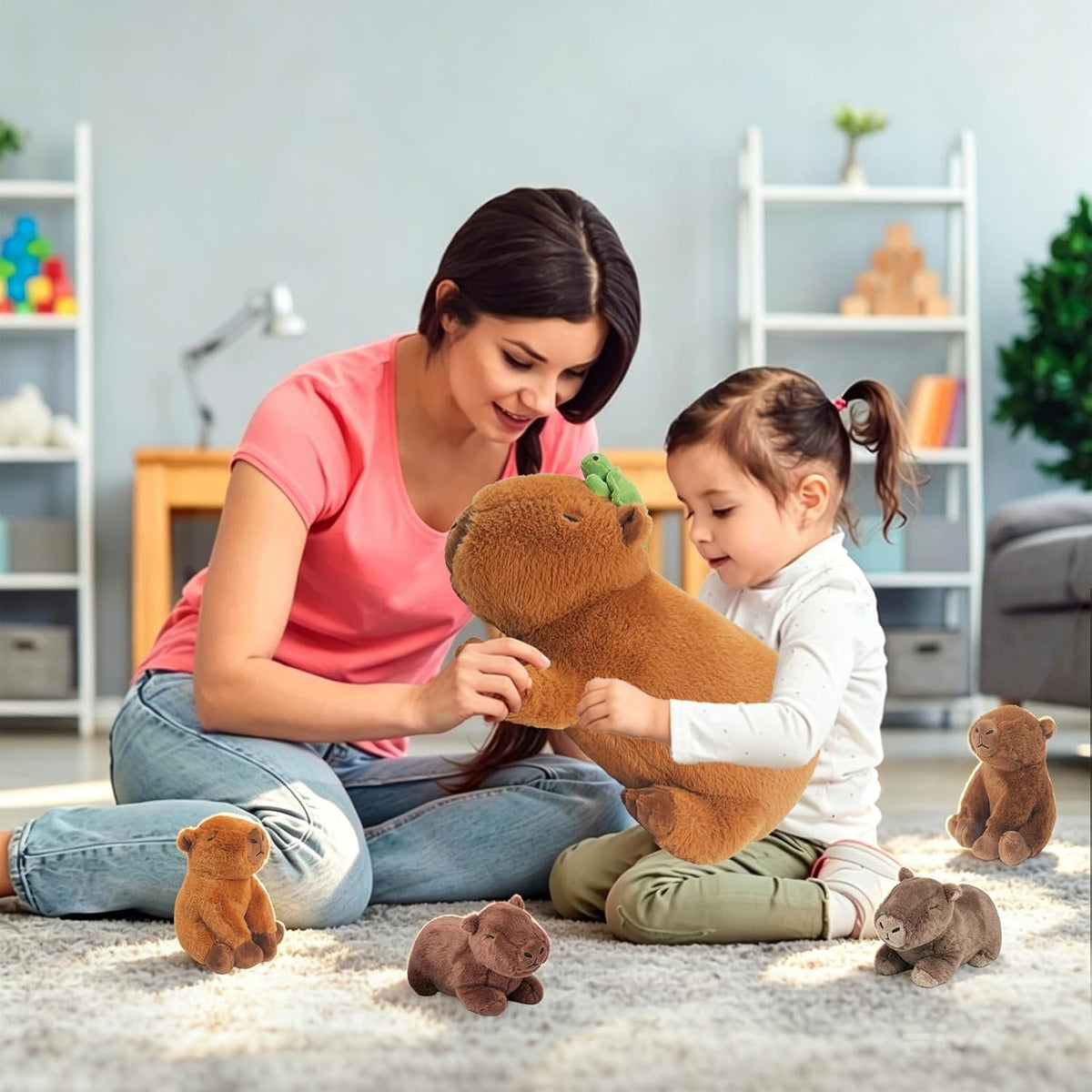 Capybara - Peluche con 4 bebés en la barriga, lindo animal de peluche