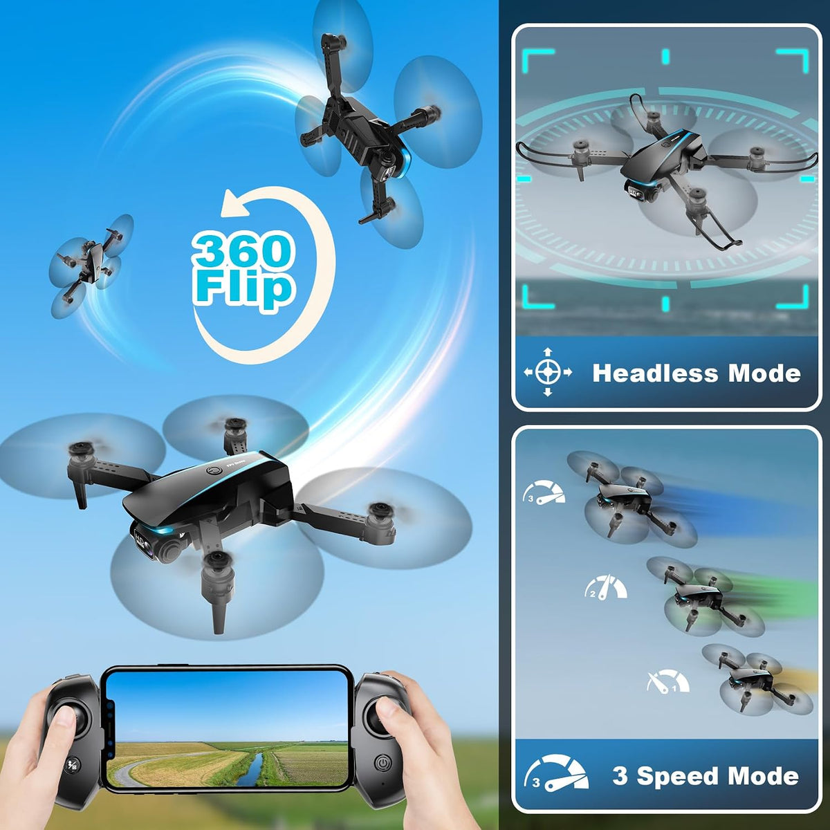 Oddire Dron con cámara – Drones 1080P para adultos con trayectoria de vuelo, control de gravedad, despegue/tierra de una tecla, giro 3D, dron plegable con vuelo estable, funda de transporte, 2