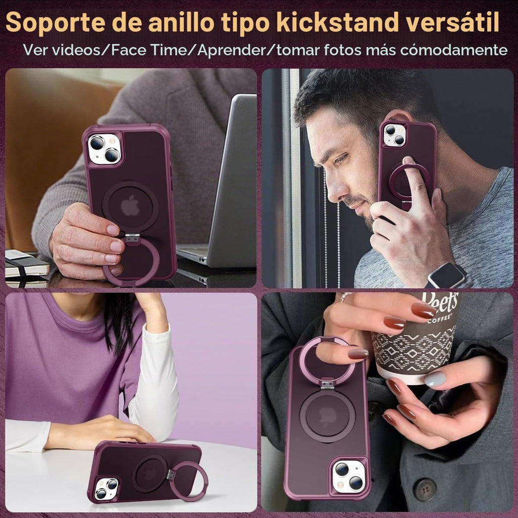 Funda magnética compatible con iPhone 15 con soporte, prueba de caídas de grado militar, compatible con imán, anillo translúcido, parte trasera dura, borde suave, color rojo vino