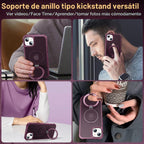 Funda magnética compatible con iPhone 15 con soporte, prueba de caídas de grado militar, compatible con imán, anillo translúcido, parte trasera dura, borde suave, color rojo vino