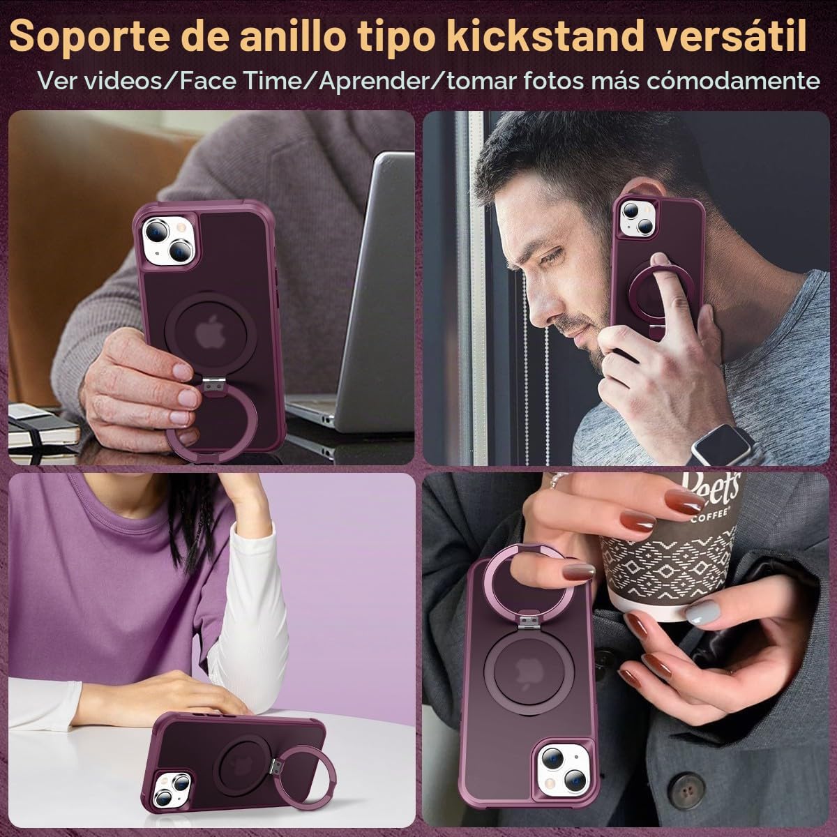 Funda magnética compatible con iPhone 15 con soporte, prueba de caídas de grado militar, compatible con imán, anillo translúcido, parte trasera dura, borde suave, color rojo vino
