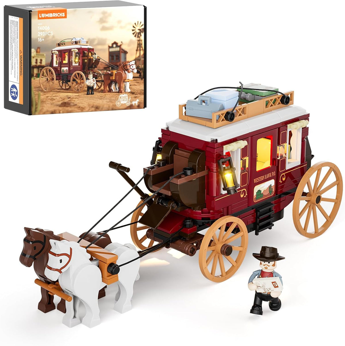 Lámpara Lumibricks Western Stagecoach Lighting - Juego de ladrillos de construcción – Carruaje y caballo del viejo oeste 293 piezas colección juego de exhibición para amantes del oeste