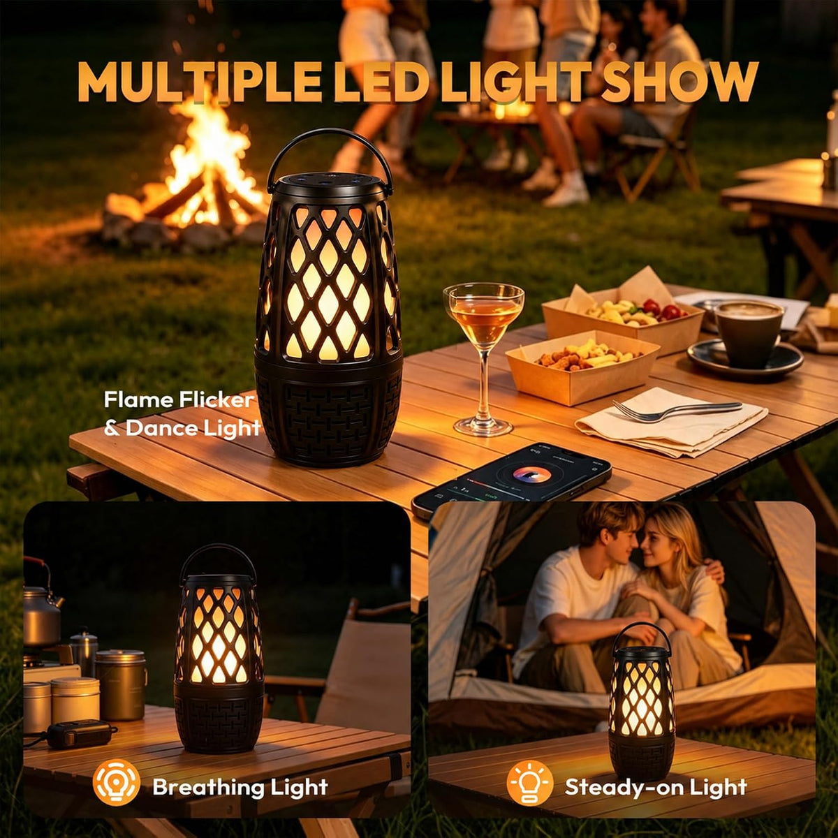Altavoces para exteriores Bluetooth con luces de llama, sonido estéreo HD e