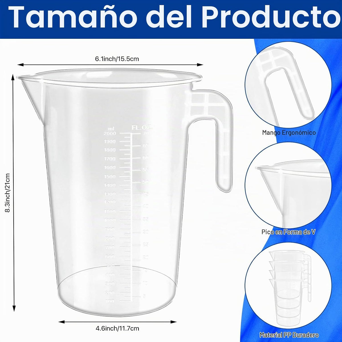 Paquete de 4 jarras de medición y mezcla graduadas de plástico de 2 litros, tazas medidoras transparentes de 1/2 galón con asa, taza de vertido multiusos para pintura, resina, epoxi