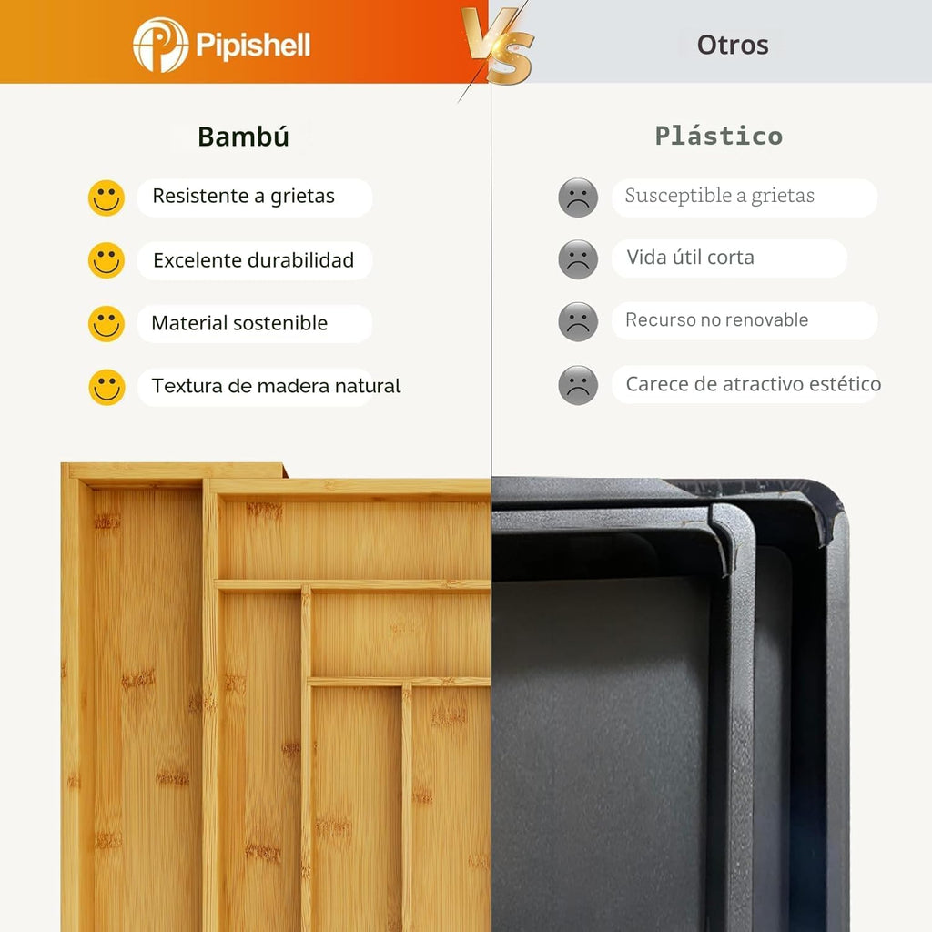 Pipishell Organizador de cajones extensible de bambú para soporte de utensilios, bandeja de cubiertos ajustable, organizador de separadores de cajones de madera para cubiertos, cubiertos, cuchillos en cocina, dormitorio, sala de estar