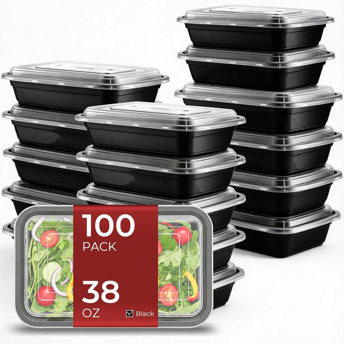 Paquete de 100 (200 piezas) recipientes de preparación de comidas de 38 onzas reutilizables con tapas, resistentes a prueba de fugas, recipientes de plástico para llevar para microondas