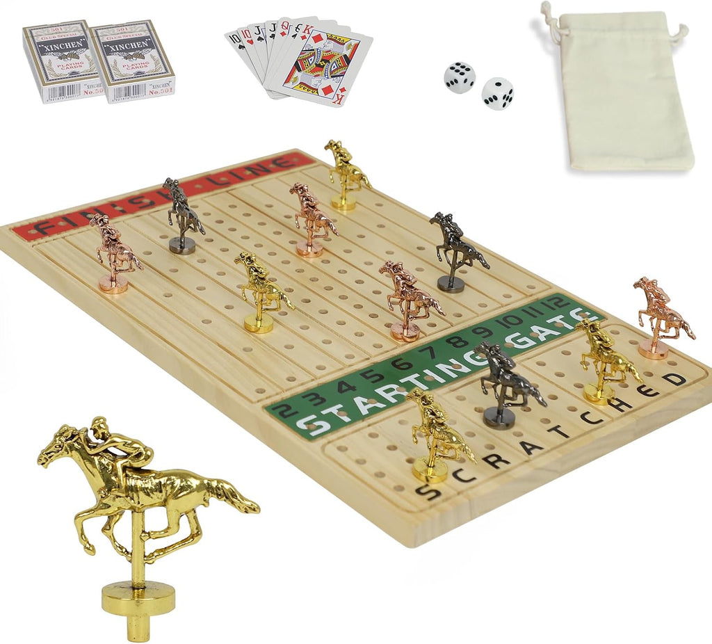 HOROW Juego de mesa de carreras de caballos de metal, juego de mesa Finish Line, edición de lujo, tablero de carreras de madera maciza, 11 lotes de caballos modelo de metal, 2 juegos de dados y 2 cajas de cartas..