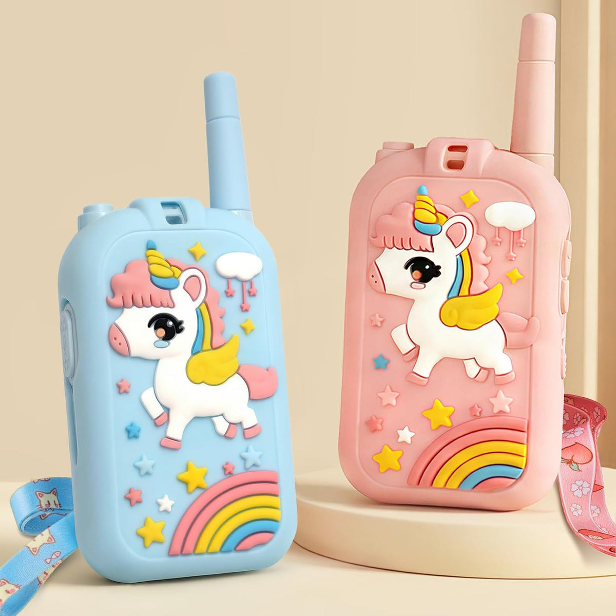 Walkie Talkies de video para niños, paquete de 2 recargables, Azul Unicornio/Rosa Unicornio