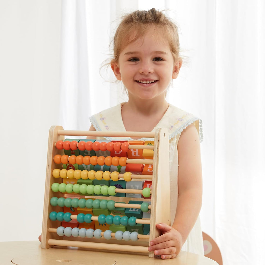 FReniland - Cubo de actividades de madera – Ábaco de doble cara y azulejos del alfabeto para niños de 18 meses, juguete educativo de conteo para preescolar y aprendizaje en casa