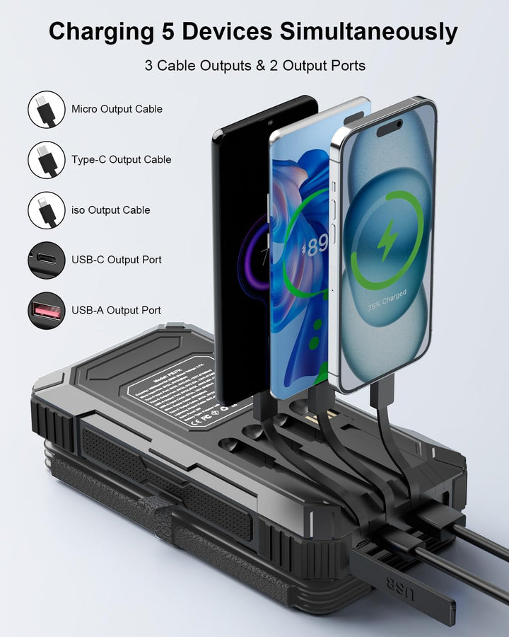 Kepswin Cargador solar de 49800 mAh con 4 cables integrados y 4 pan...