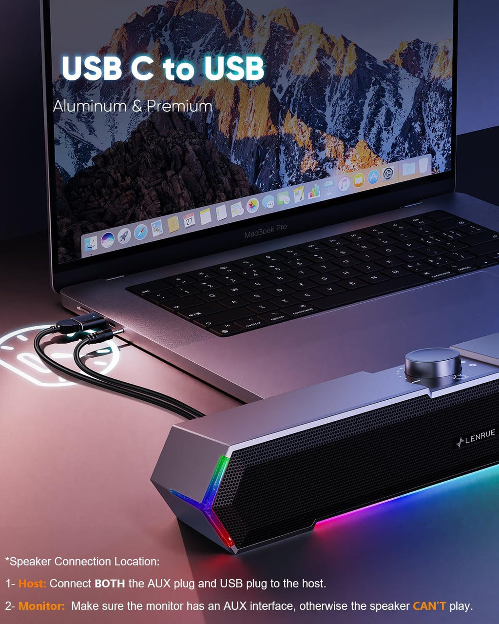 LENRUE G11 - Altavoces para computadora de escritorio, luces táctiles, altavoces de PC con sonido claro de sobretensión, alimentado por USB C/USB, audio auxiliar para computadora, escritorio