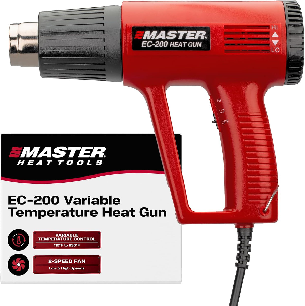 Master Appliance EC-200 Pistola de calor de temperatura variable, pistola de aire caliente, 120V, 10 amperios, 1200W, para envoltura retráctil, conectores de alambre, tubos retráctiles, manualidades