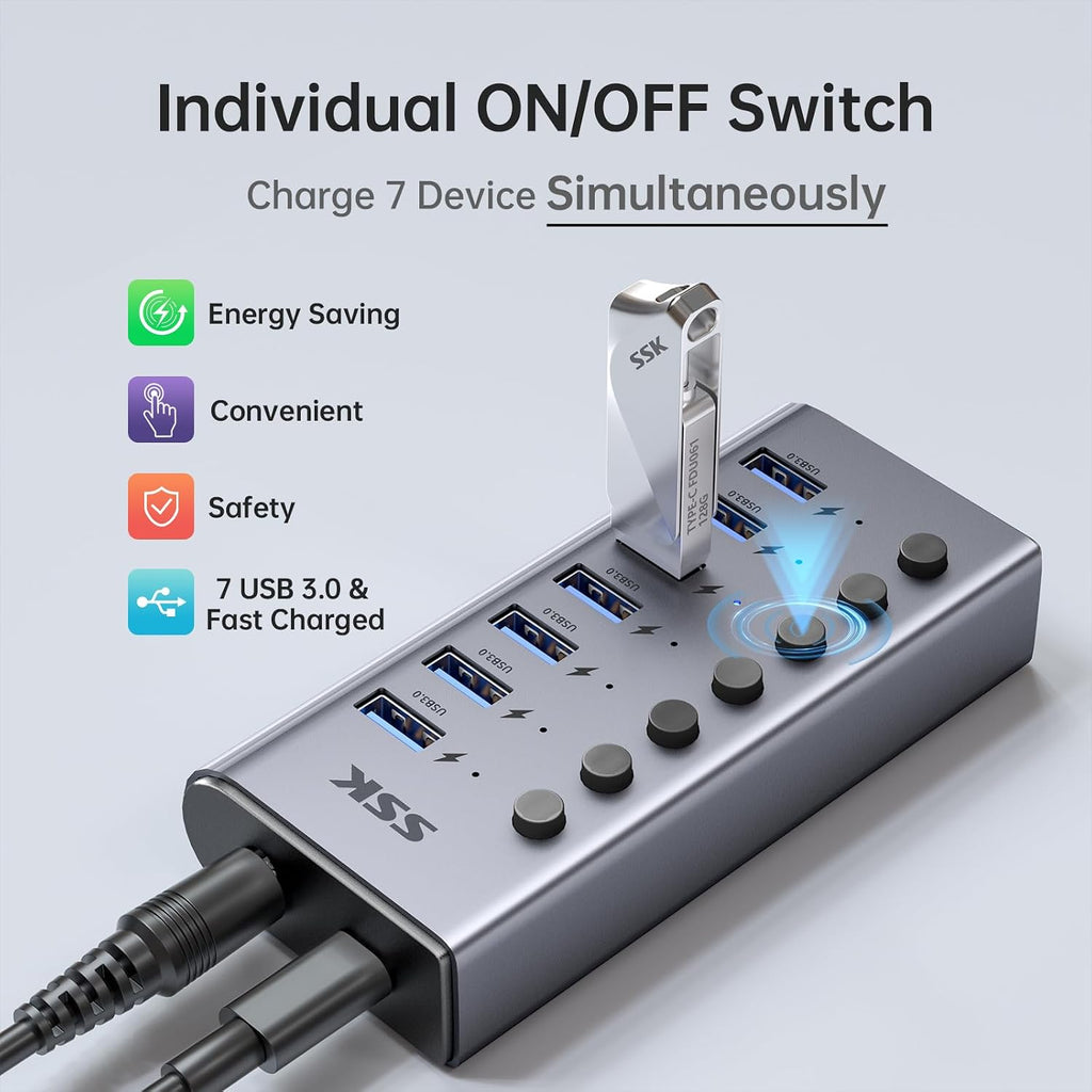 SSK, SHU0701, hub USB 3.0 de 7 puertos, alimentado, adaptador 12V/3A