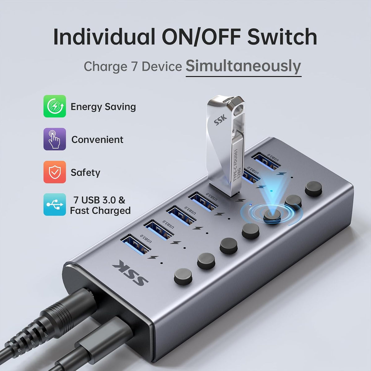 SSK, SHU0701, hub USB 3.0 de 7 puertos, alimentado, adaptador 12V/3A