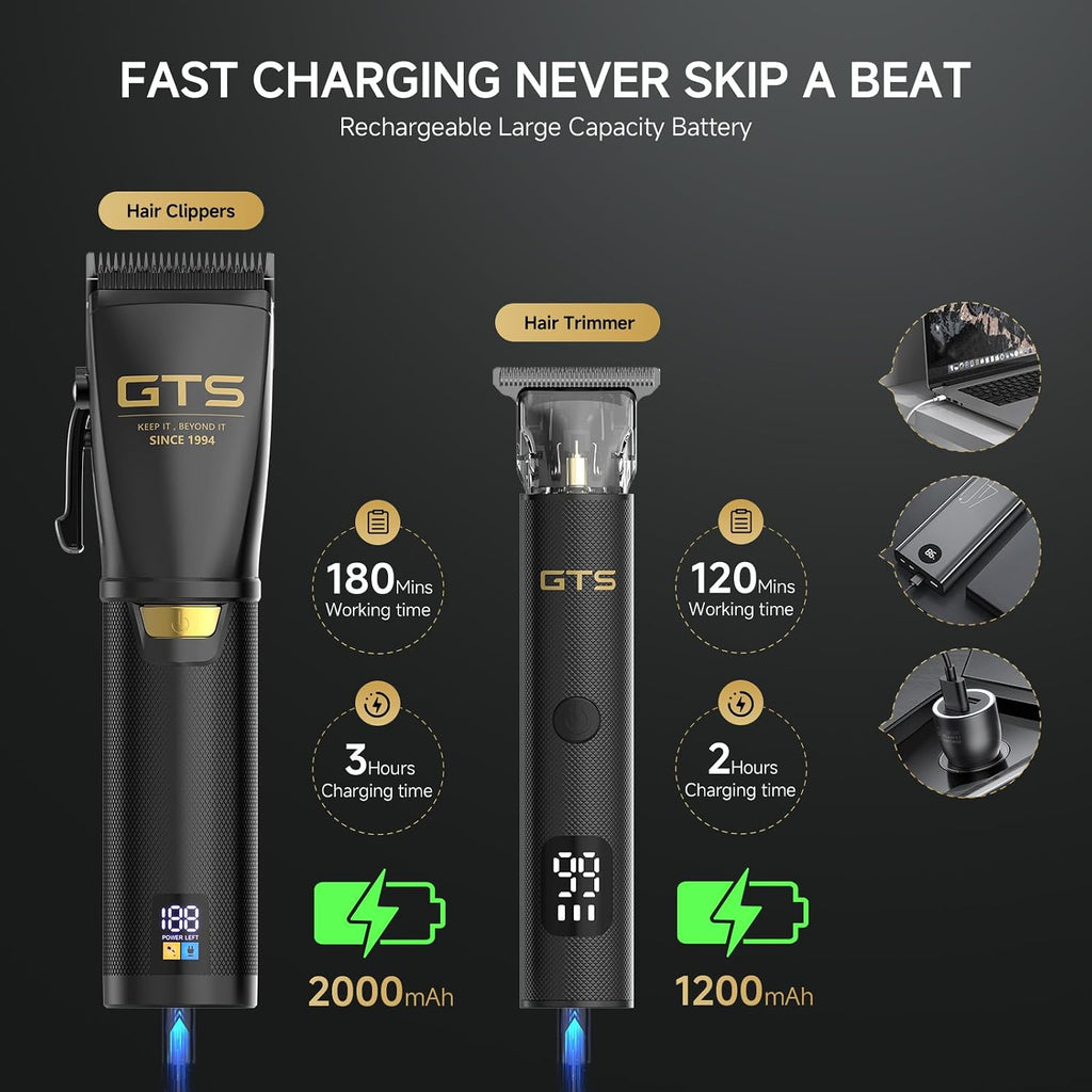 GTSPRO Afeitadoras/Recortadoras para Hombre Profesionales, Recortadora de Cabello Inalámbrica para Cortar el Cabello, Kit de Recortado para Barberos con Pantalla LED y 15 Peines Guía