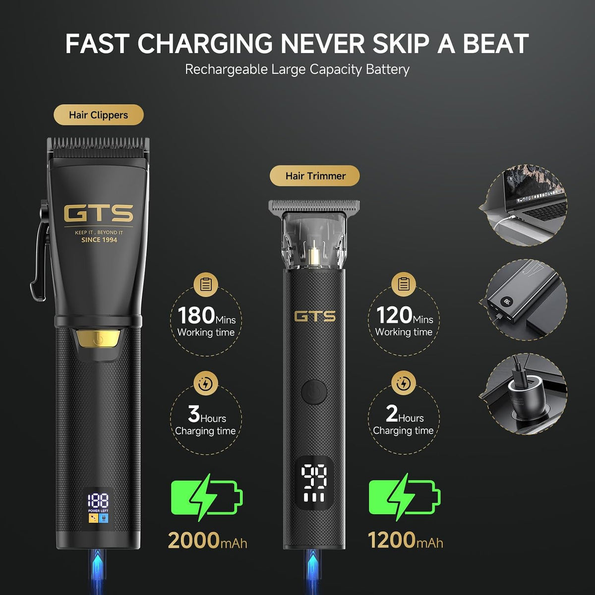 GTSPRO Afeitadoras/Recortadoras para Hombre Profesionales, Recortadora de Cabello Inalámbrica para Cortar el Cabello, Kit de Recortado para Barberos con Pantalla LED y 15 Peines Guía