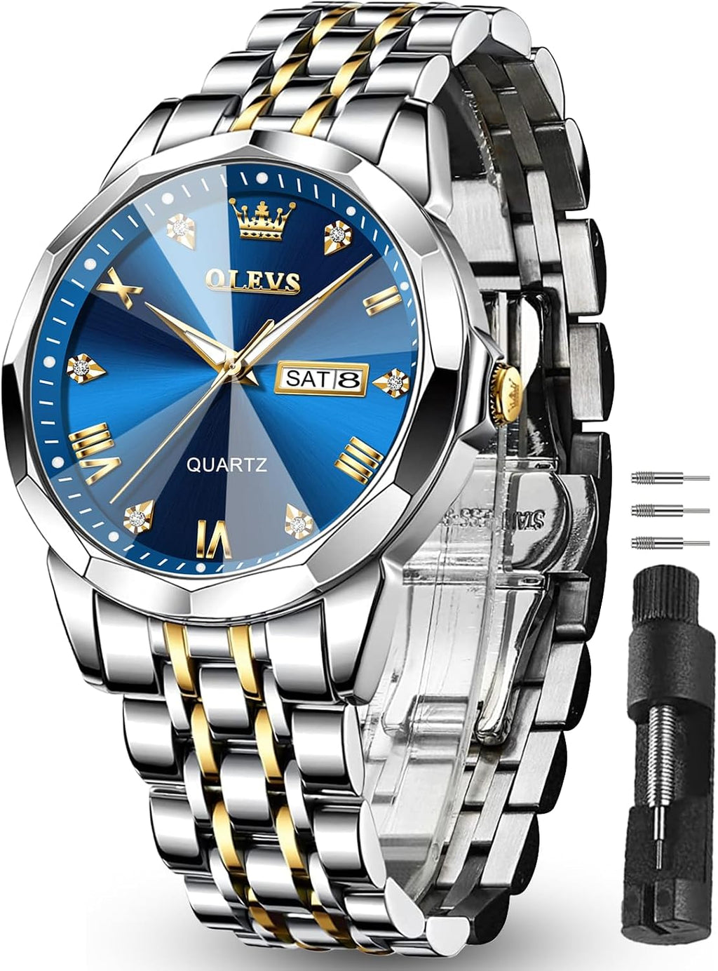 OLEVS Relojes para hombre de lujo de acero inoxidable 30M impermeable