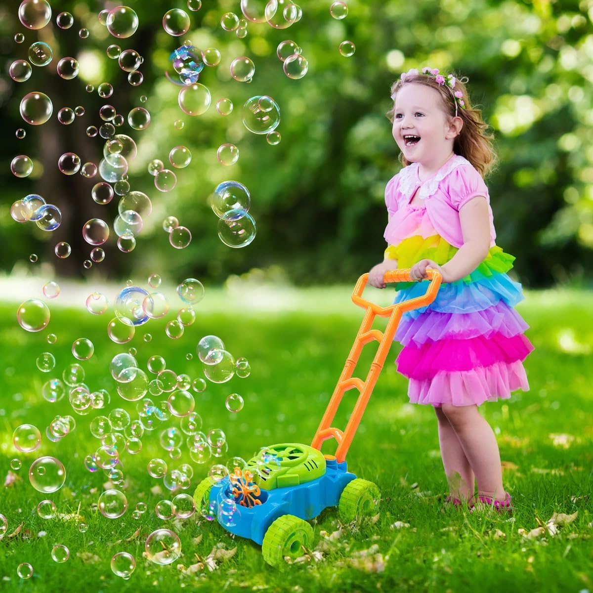 Lydaz Cortacésped de burbujas para niños pequeños de 1 a 3 años, Verde, naranja