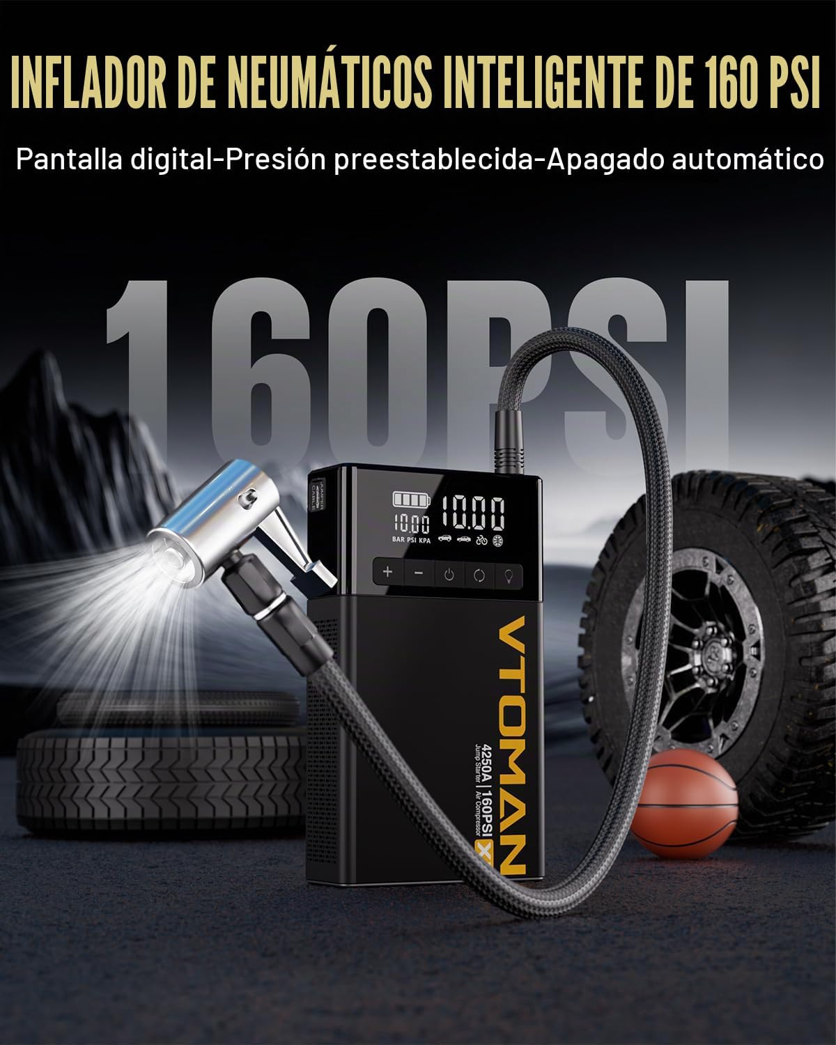 VTOMAN X7 Arrancador de Batería con Compresor de Aire, Inflador de Neumáticos 160PSI con Apagado Automático
