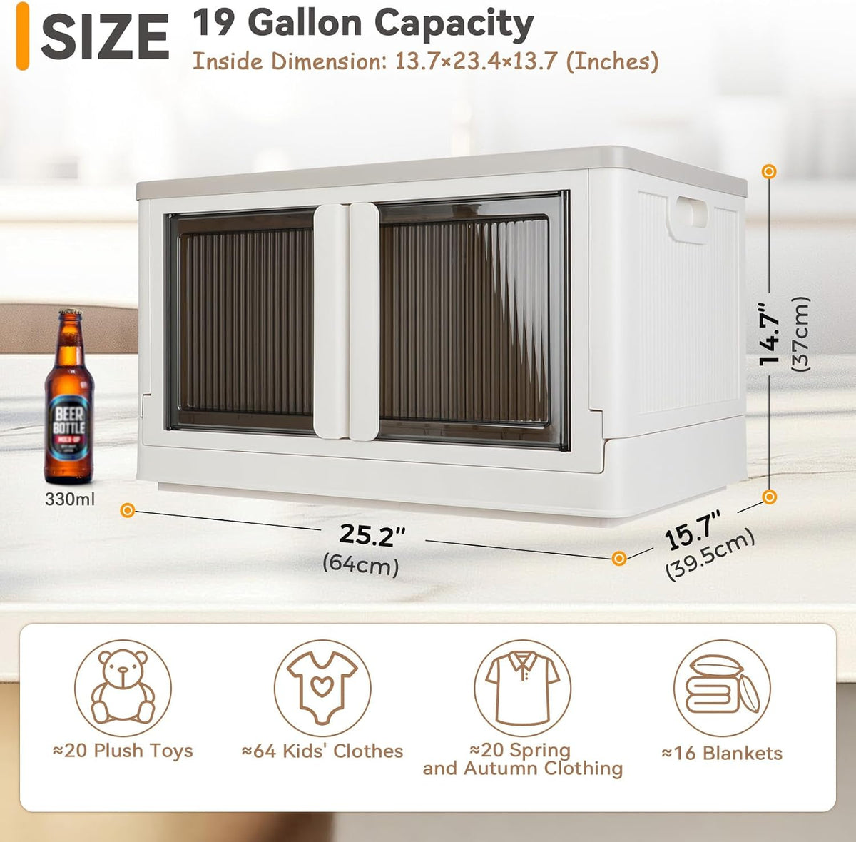 Contenedor de almacenamiento, gabinete con tapas, extragrande, caja útil, capacidad de 19 galones, plegable, plástico, debajo de la cama o encimera, excelente organizador para el hogar