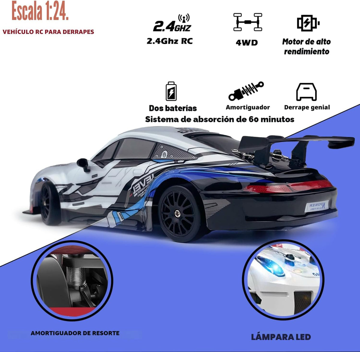 Auto RC Drift de 2.4 GHz, escala 1:24, 4WD, de alta velocidad, coches de control remoto vehículo con luces LED, dos baterías y neumáticos de drift, autos de juguete deportivos de carreras