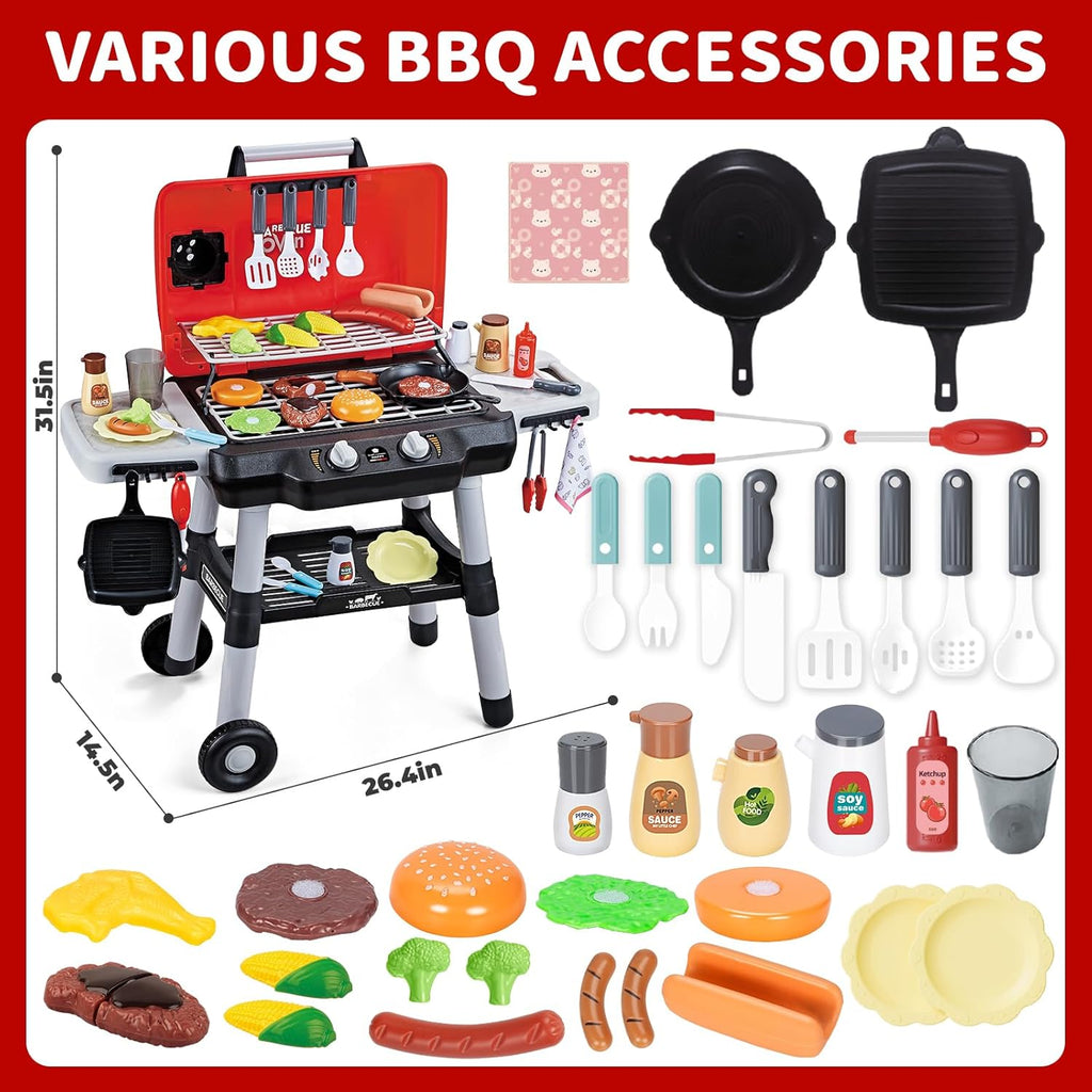 Juguetes de cocina para niños, juego de parrilla de barbacoa para niños con humo, sonido y luz, juguete de barbacoa de 2 niveles con rueda, juguetes de parrilla de juego al aire libre para niños