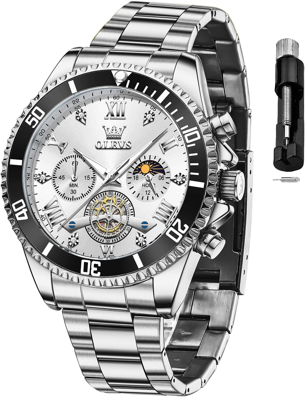 OLEVS Reloj de caballero Cronógrafo de lujo con fases de la luna, dos tonos, acero inoxidable, a prueba de agua, luminiscente, calendario empresarial, reloj de pulsera