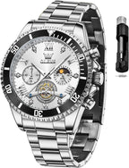 OLEVS Reloj de caballero Cronógrafo de lujo con fases de la luna, dos tonos, acero inoxidable, a prueba de agua, luminiscente, calendario empresarial, reloj de pulsera