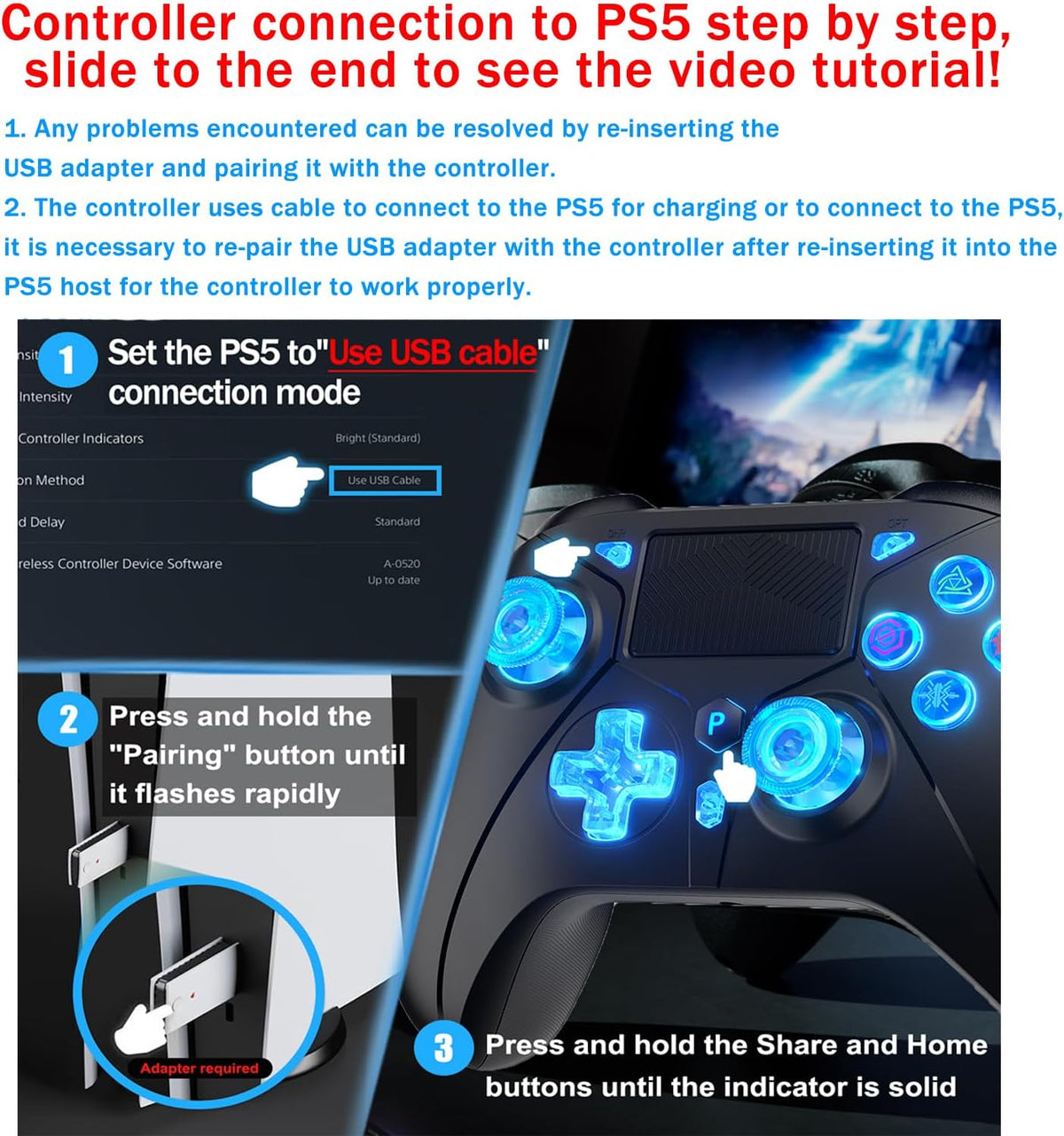 Dinosoo Controlador inalámbrico RGB con luz LED y botones traseros de reasignación, turbo ajustable, adaptador 2.4G para PS5, PC