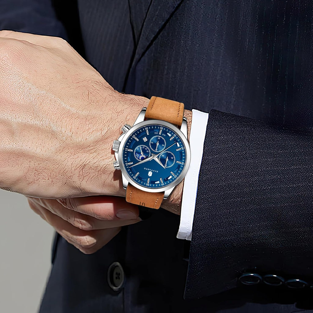 SAPPHERO Relojes cronógrafos para hombre, reloj analógico de acero inoxidable casual original para negocios, 50M, impermeable, luminoso, con esfera de fecha, regalo para hombre