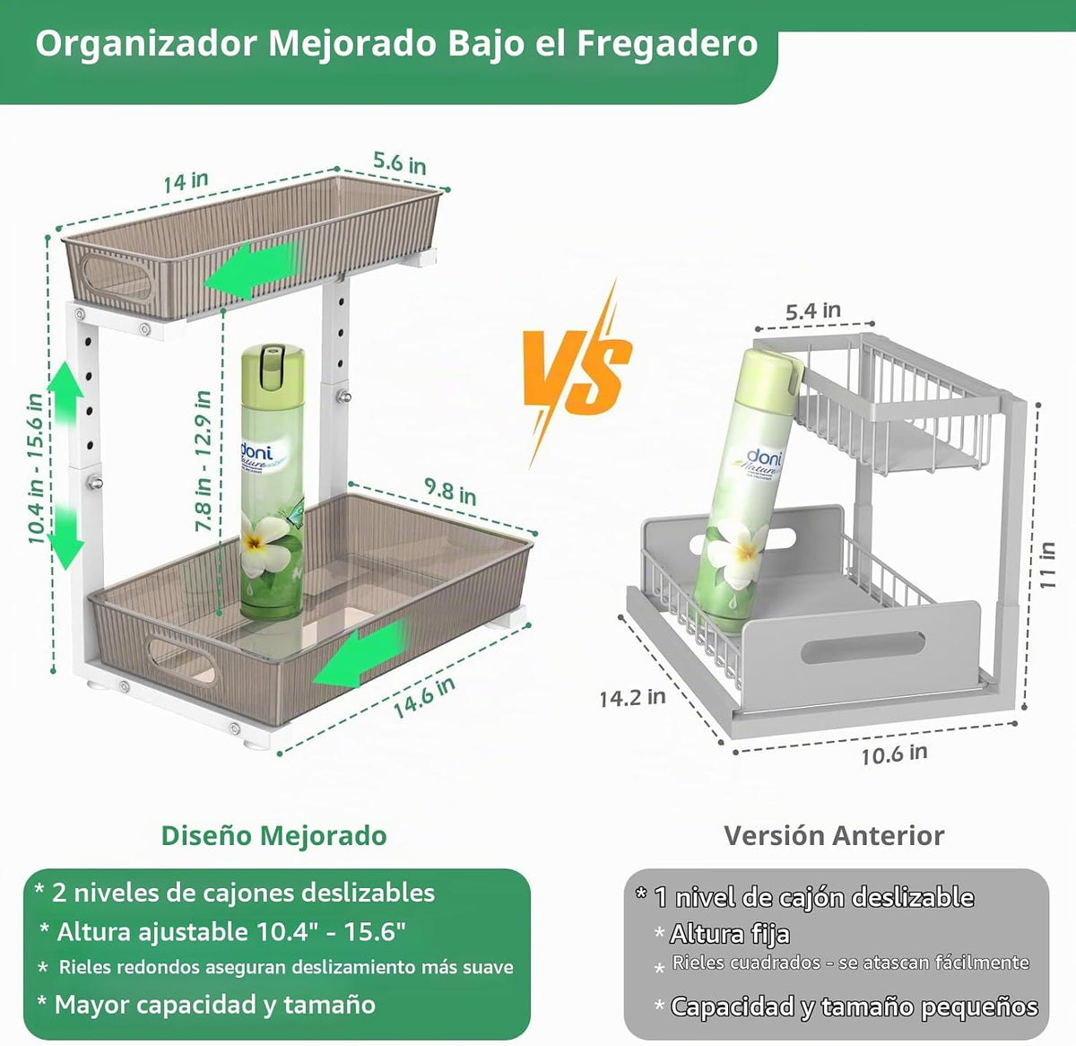 ADRIMER Organizador para debajo del fregadero, 2 unidades, organizador extraíble para fregadero de cocina, 2 niveles, organizador de cocina deslizante y estante de almacenamiento debajo del gabinete