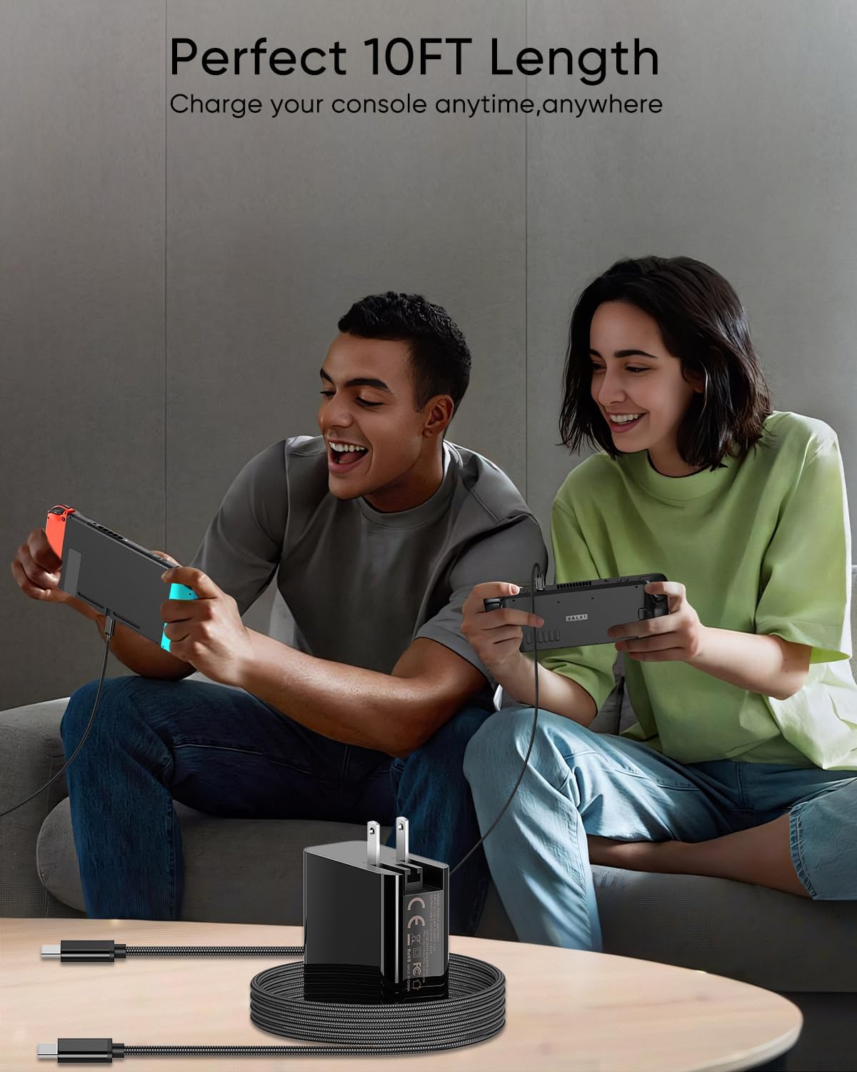 Cargador rápido USB C de 65 W para Steam Deck, Nintendo Switch 2 y ROG Ally - Adaptador de CA plegable MENEEA PD3.0 con cable de 10 pies, para base de televisión/cargador Switch 2 - Consolas para