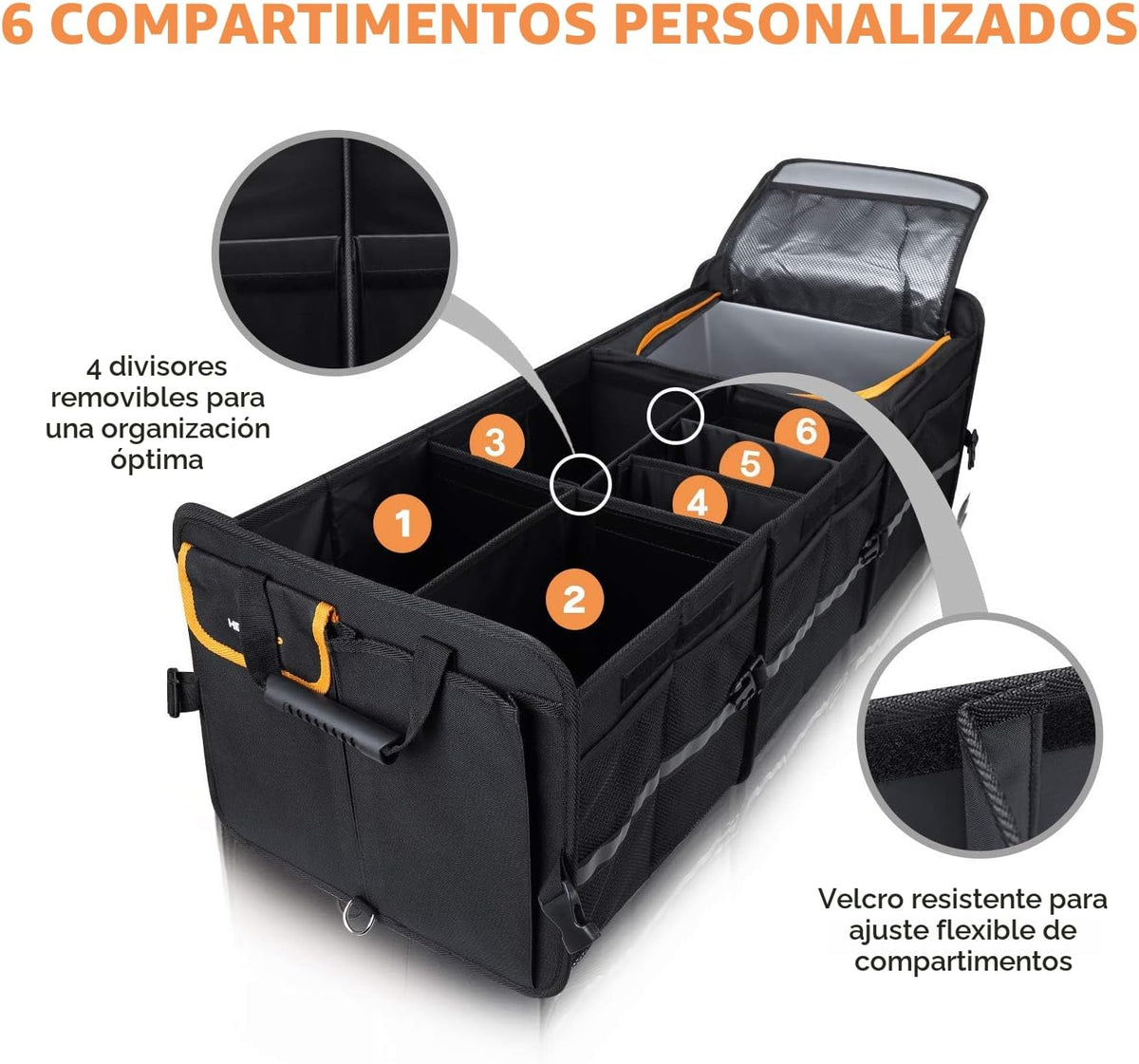 HEYTRIP Organizador grande de maletero con bolsa térmica integrada a prueba de fugas, 2 correas de sujeción, 4 divisores extraíbles, funda plegable, construido con tablero de PE de 2 mm