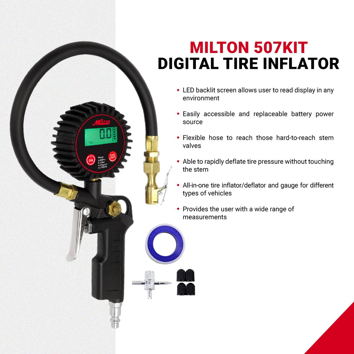 Milton 507KIT Inflador Digital de Neumáticos Accesorios para Automó...